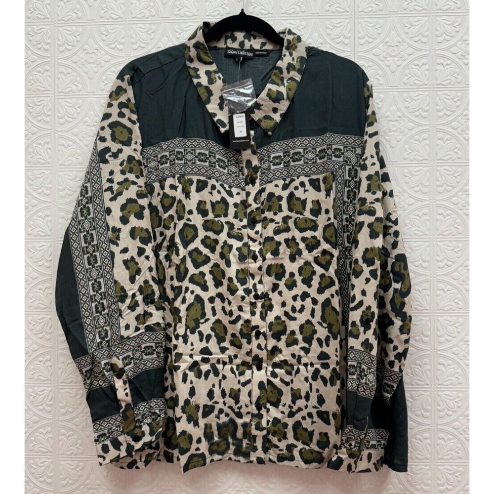 Tolani Collection Evonne Grey Leopard Modal Button Down Shirt XL New‎